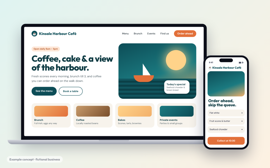 Example concept: café website on a laptop and phone for a fictional harbour café