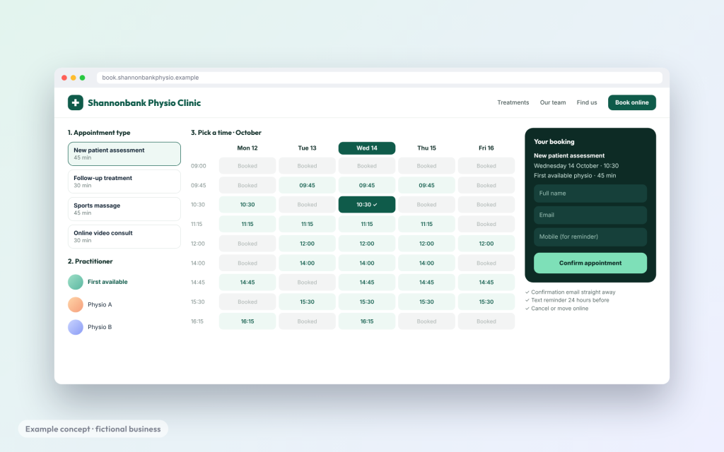 Example concept: online booking calendar for a fictional physio clinic