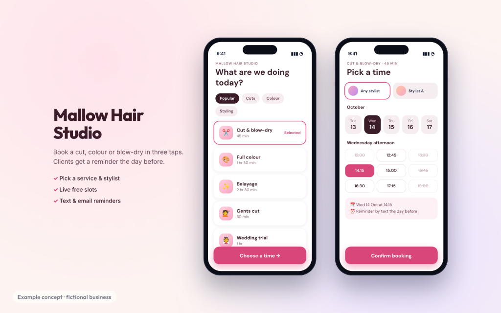 Example concept: phone booking app for a fictional hair salon, showing services and free time slots