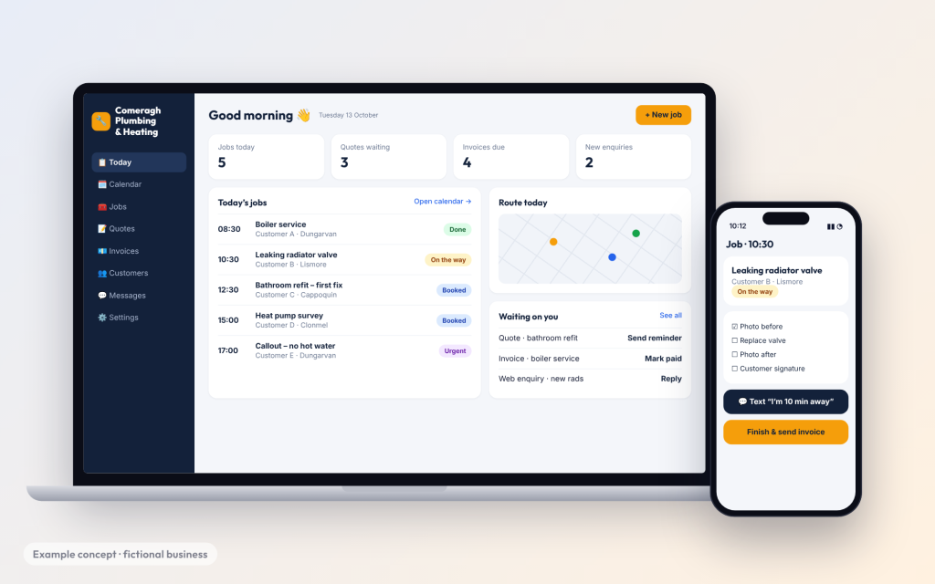 Example concept: job-management dashboard for a fictional plumbing and heating business