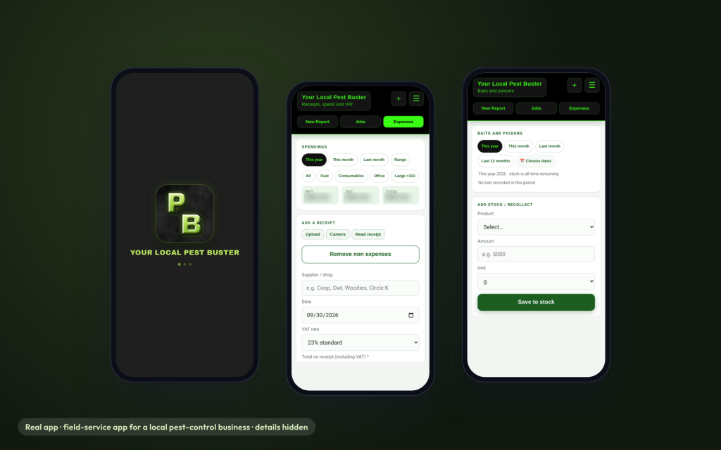 Screens from a real field-service app for a local pest-control business, with private details hidden