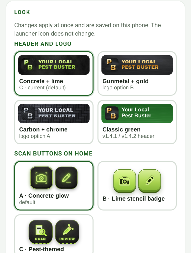 Settings screen from a real field-service app showing look and logo options